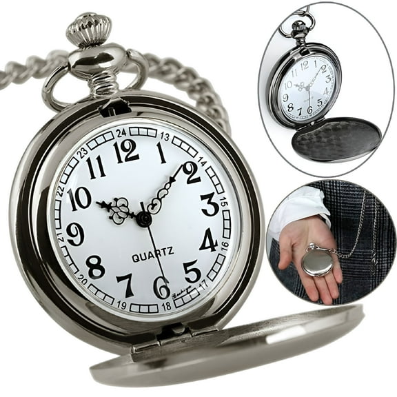 DESIGNICE Classic Smooth Surface Vintage Quartz Pocket Watch, Arabic Numerals Scale Mens Womens Watch with Chain