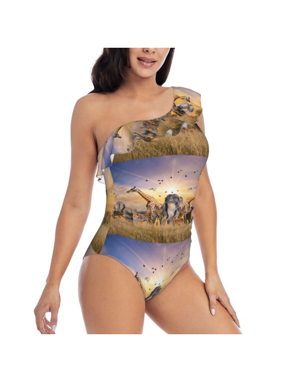 Picia Vintage Wildlife Protection Pattern Women's One Piece Swimsuits,One Shoulder Swimwear Asymmetric ,Ruffle Monokinis Bathing Suits,High Waisted Flattering Bathing Suits-Small