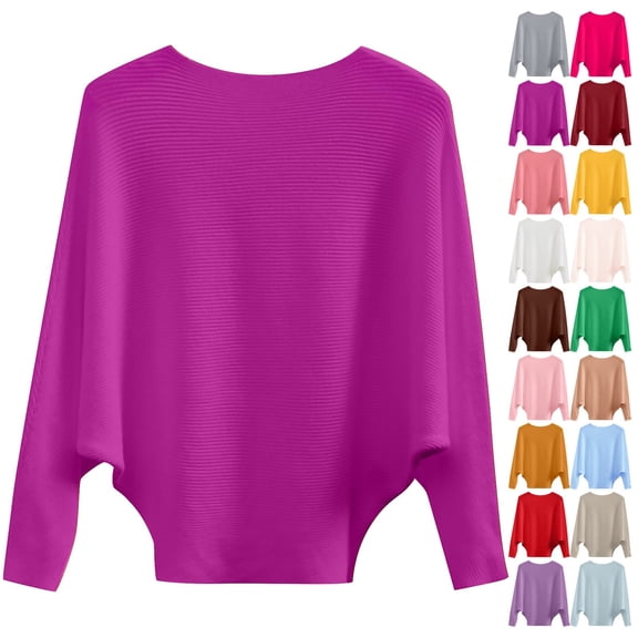 Boat Neck Batwing Sleeves Dolman Knitted Sweaters and Pullovers Tops for Women,Ribbed Knitted Pullovers,Crewneck Sweaters,Lightweight Oversized Spring Fall Casual Flowy Sweaters Dark Purple S