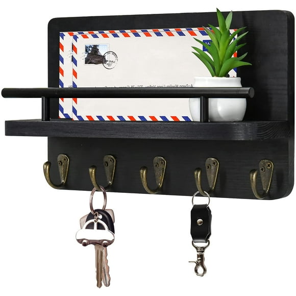 Rustic Key Holder for Wall with Shelf - Decorative Key and Mail Holder with 5 Key Hooks and Mail Storage - Wood Key Organizer for Wall
