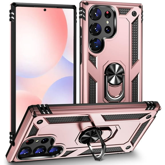 Galaxy S23 Ultra Case S23 Ultra Case with Magnetic Car Kickstand Ring & Shockproof Military Grade Drop Dual Layer Protection Phone Women Girl for Galaxy S23 Ultra-Rose Gold