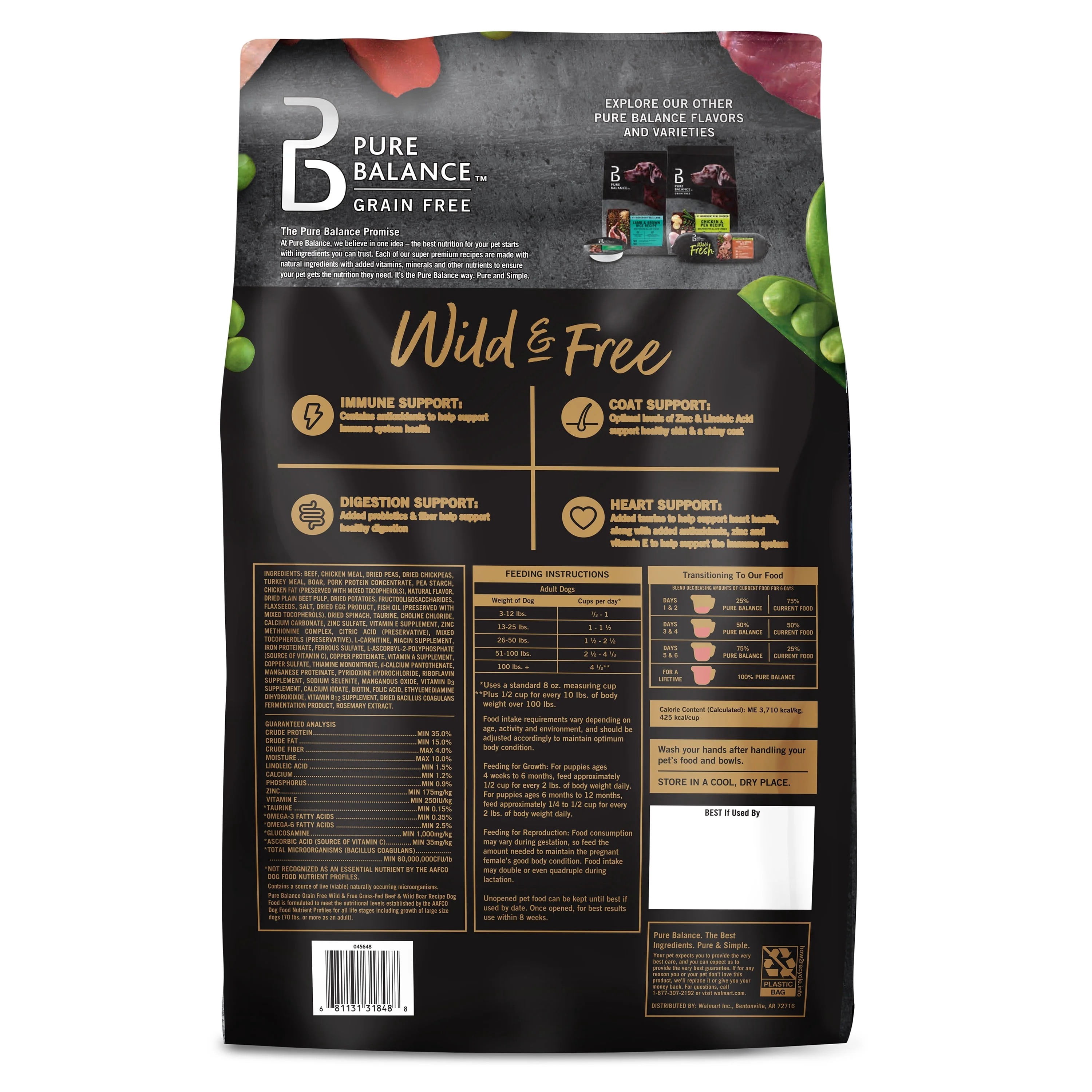 (4 pack) Pure Balance Wild & Free Grain-Free Beef & Wild Boar Recipe Dry Dog Food, 11 lb