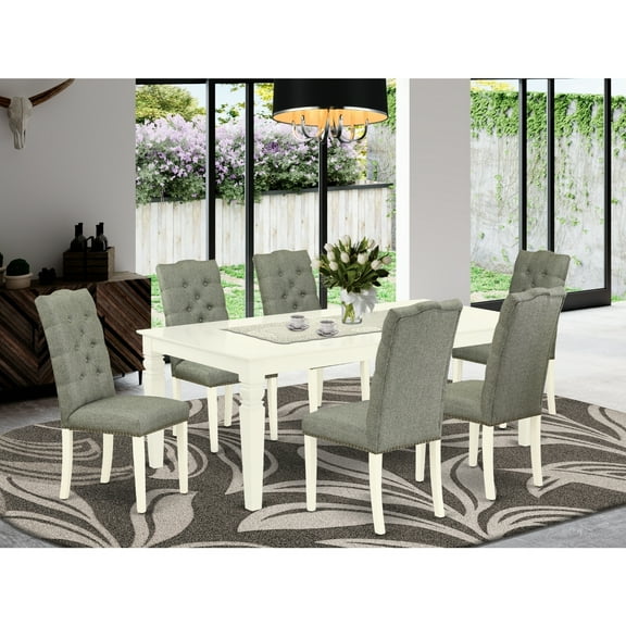 Art Nouveau Dining Set - 7 Piece Kitchen Table Set with 6 Parson Chairs - Linen White Finish