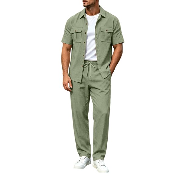 Bpyeka Men's Linen-Look Cargo Matching Set, Button Down Collar Short Sleeve Shirt With Flap Pockets & Drawstring Waist Pants, Workwear Two-Piece Outfit, S-3XL