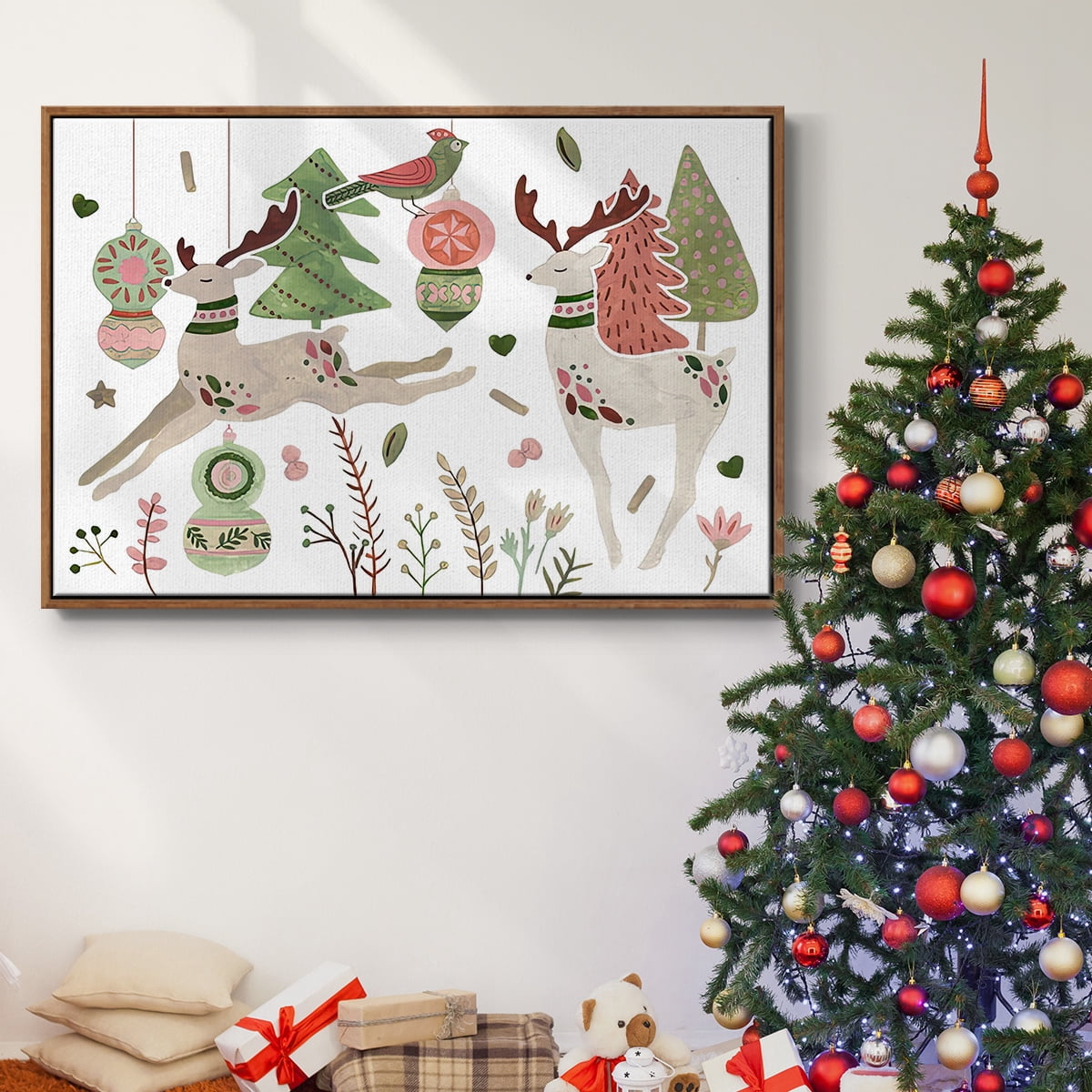 Reindeer Wishes Collection A - Framed Gallery Wrapped Holiday Canvas - 27 x 41 - Rosewood Frame