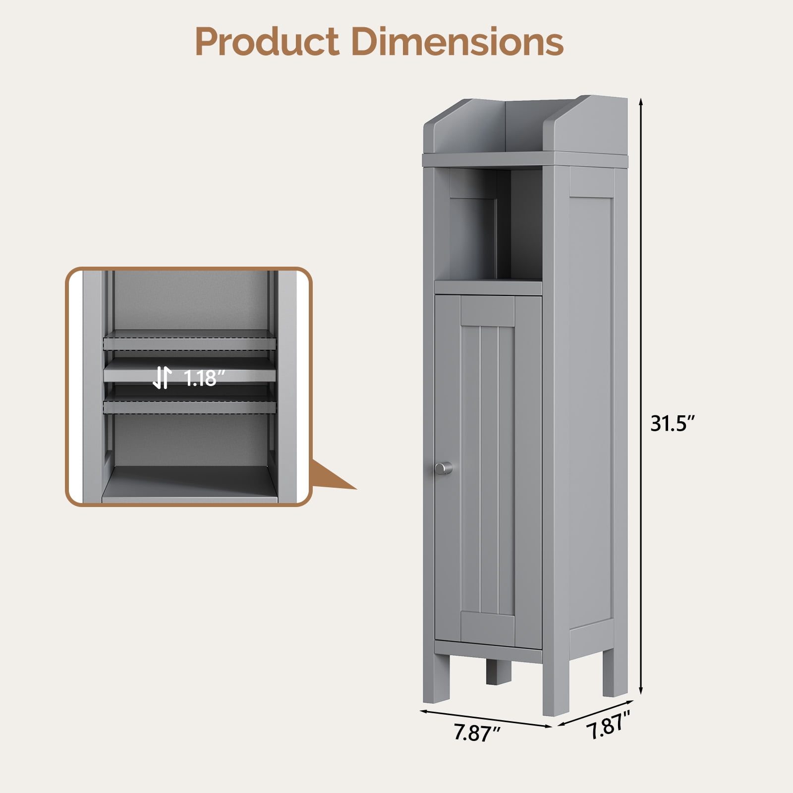 Grey Bathroom Floor Cabinet with Door and Shelf, 7.87 x 7.87 x 31.5 in