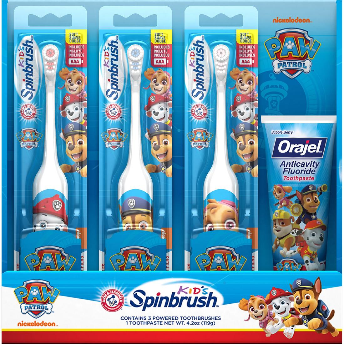 1 PACK Arm & Hammer Kid's Spinbrush Paw Patrol Electric Toothbrush, 3 pk., with Orajel