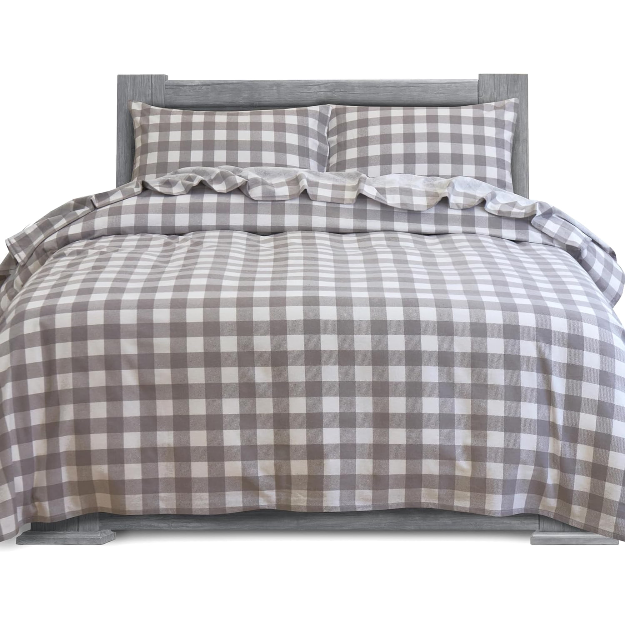 Elegant Comfort Soft 4-Piece Cotton Flannel Sheet Set -Deep Pocket Fitted Sheet, Flannel Sheets - Queen, Buffalo Check Gray