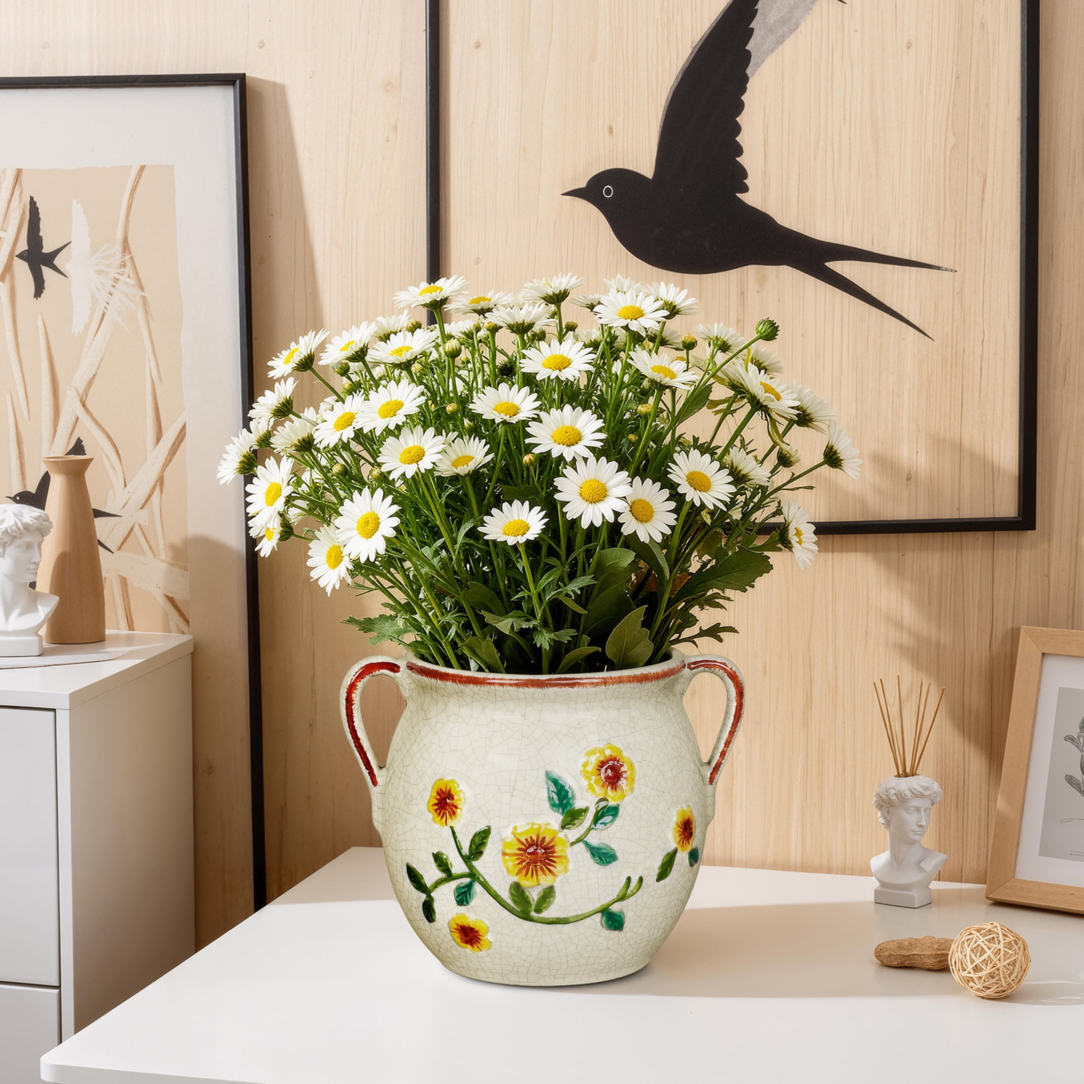 BUYMAX 6 inch Rustic Ceramic Planter with Handles, Embossed Sunflower Pot, Vintage Crackle Glaze Flower Container for Home & Garden Décor