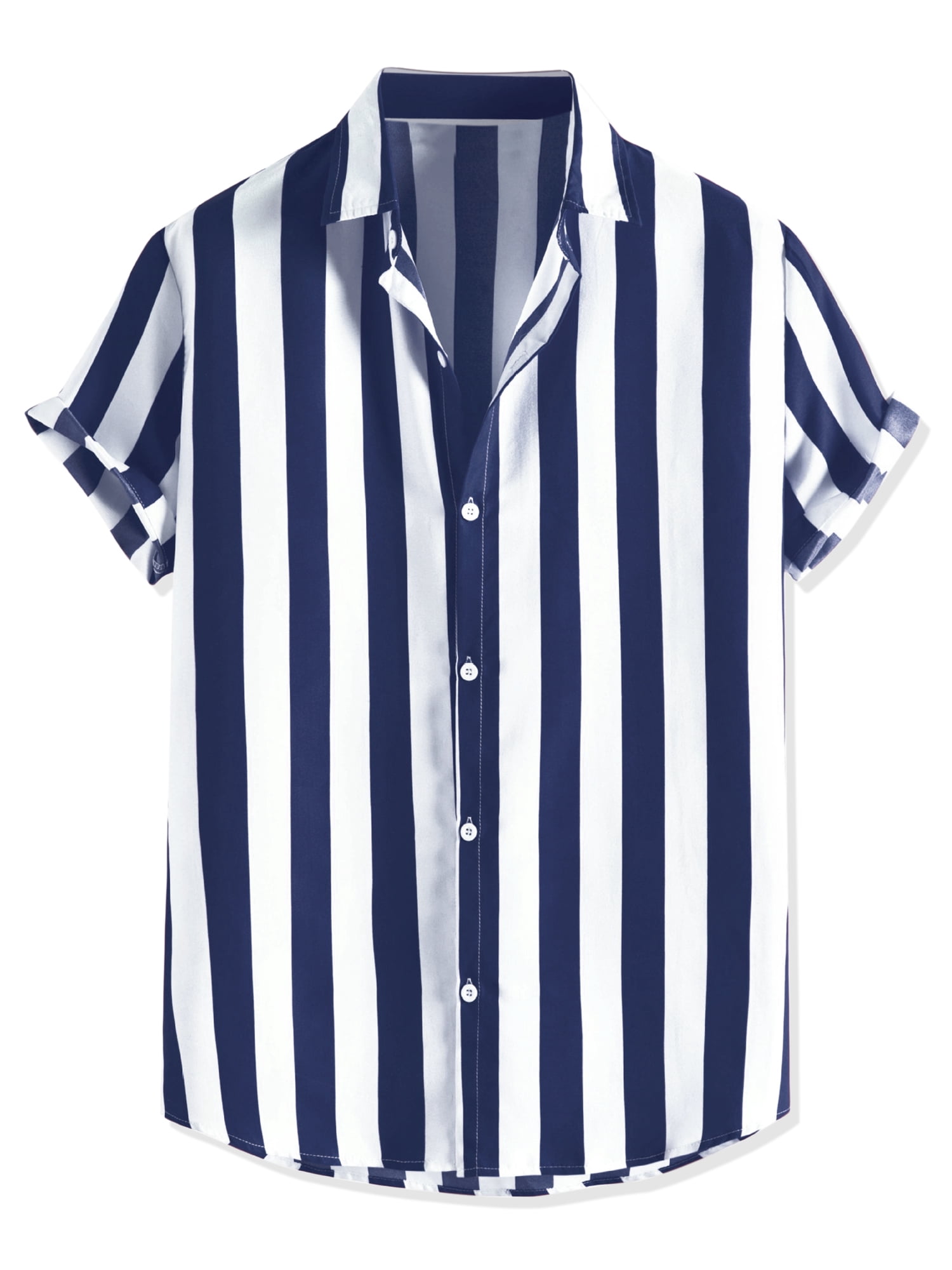Unique Bargains Men's Short Sleeved Color Block Button Down Beach Stripe Shirt XL Navy Blue