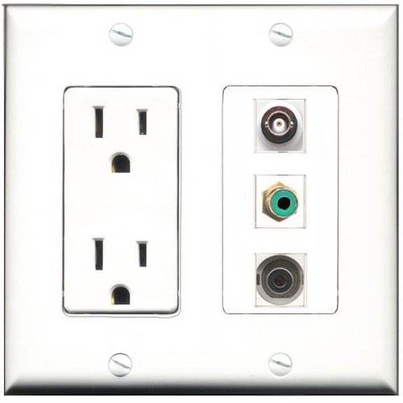 RiteAV - 15 Amp Power Outlet 1 Port RCA Green 1 Port 3.5mm 1 Port BNC Decorative Wall Plate