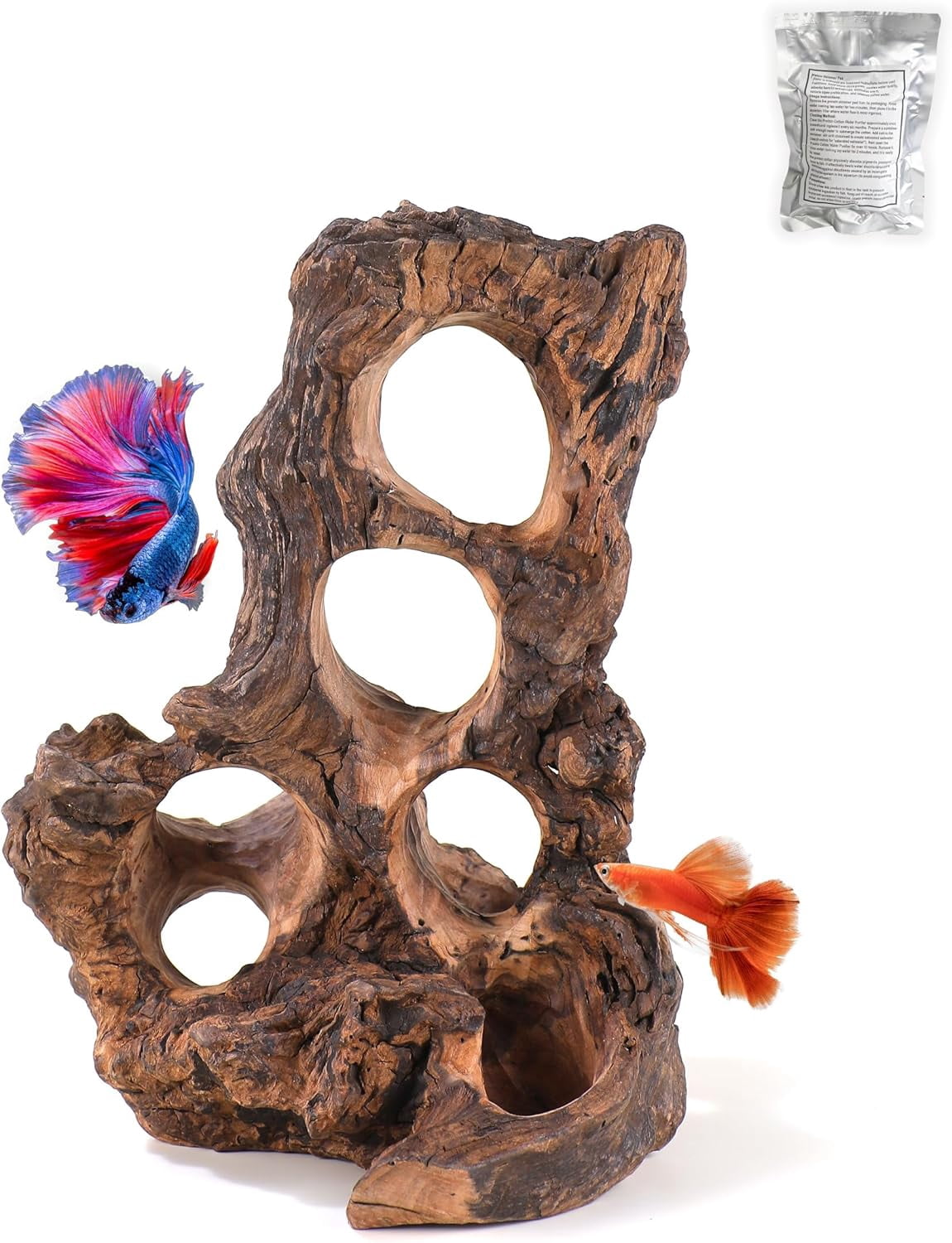 Aquarium Driftwood Cave for Betta Fish Shrimp Hideout, 7-10" Natural Porous Driftwood for Aquascaping with Low Tannins, Fish Tank Decoration Hideaway with Protein Cotton(No Need to Boil)