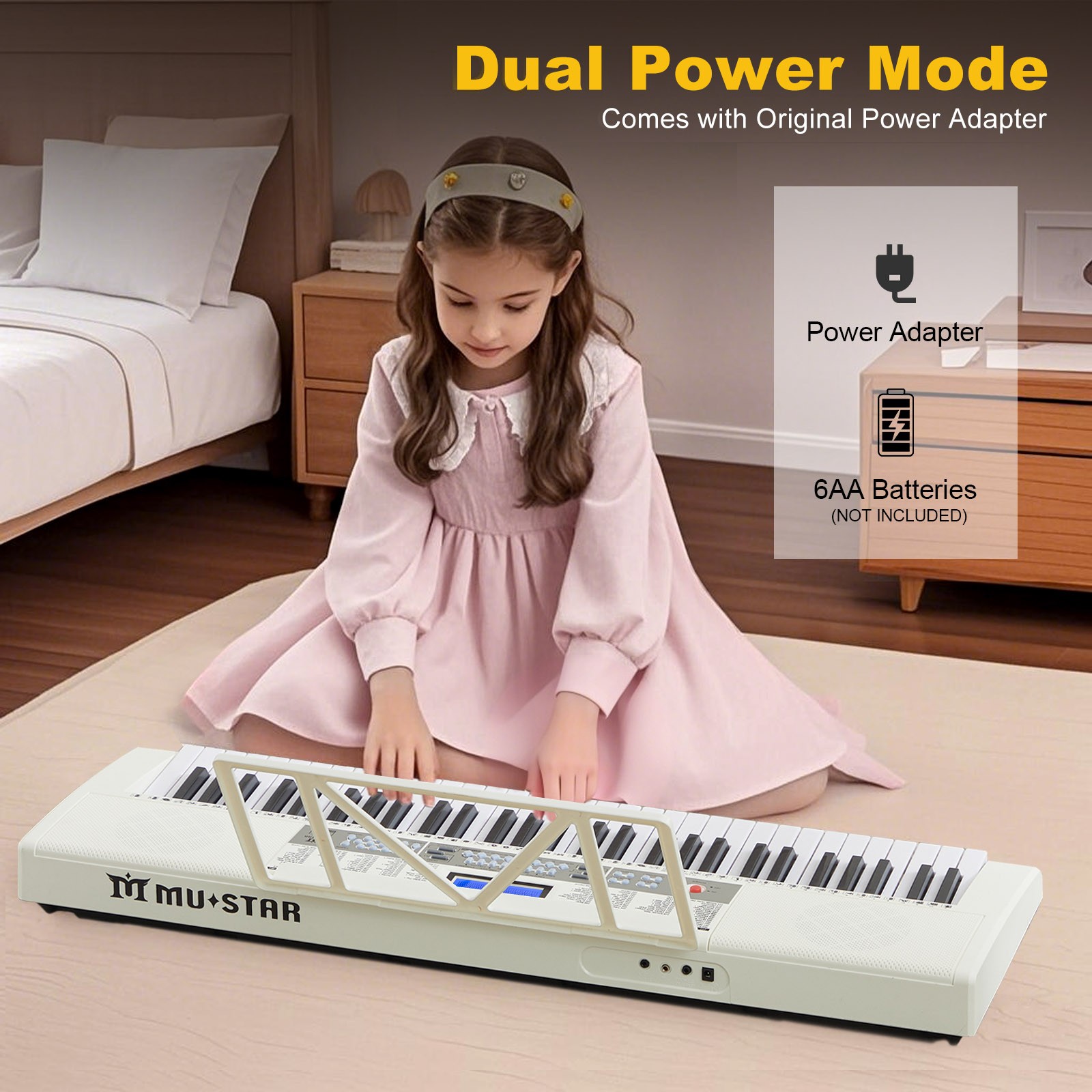 White Portable 61 Keys Electric Piano Keyboards with Lighted Up Keys,255 rhythms,Bench,Stand,Headphone,Microphone