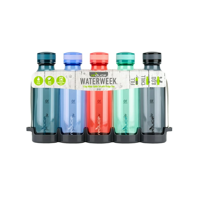 Reduce WaterWeek Reusable Water Bottle Set, 20oz – Plastic Reusable Water Bottle Set of 5, Plus Fridge Tray – BPA-Free, Leak Proof Twist Off Cap –