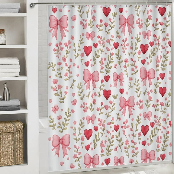 Cute Valentine's Day Shower Curtain Red and Pink Love Hearts and Bows waterproof shower curtain Bathroom Shower Curtain Set with Hooks, 72x72in