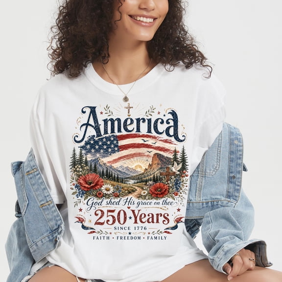 America 250 Years Patriotic Shirt Flag Mountains Roses Faith Freedom Family Tee USA T Shirt