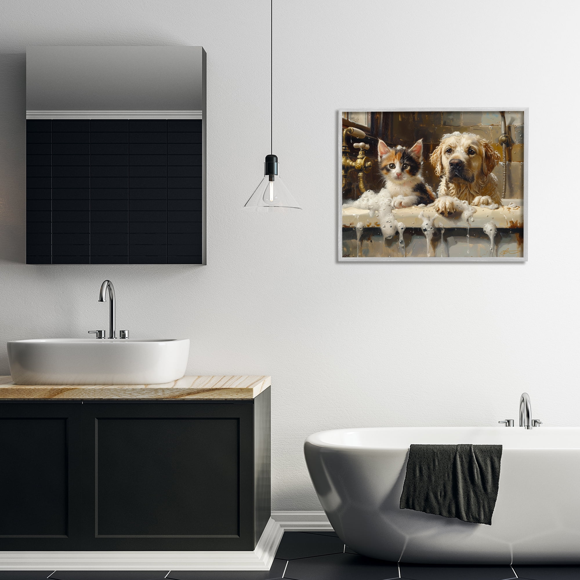 Bath Buddies Cat & Dog Gray Framed Giclee Art, design by Shawna Stewart