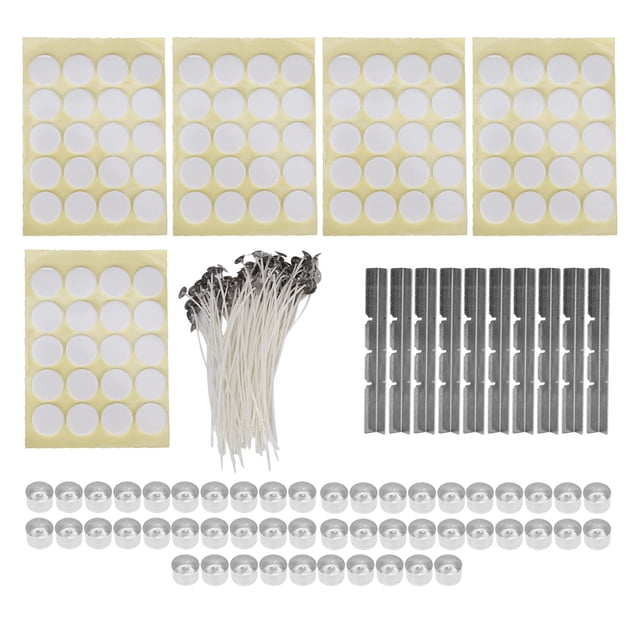 260 mechas para velas de 15 cm 100 pegatinas de cinta adhesiva de doble cara 50 carcasas para velas 10 soportes para mechas de acero inoxidable Carcasa de aluminio de 23 g amarilla