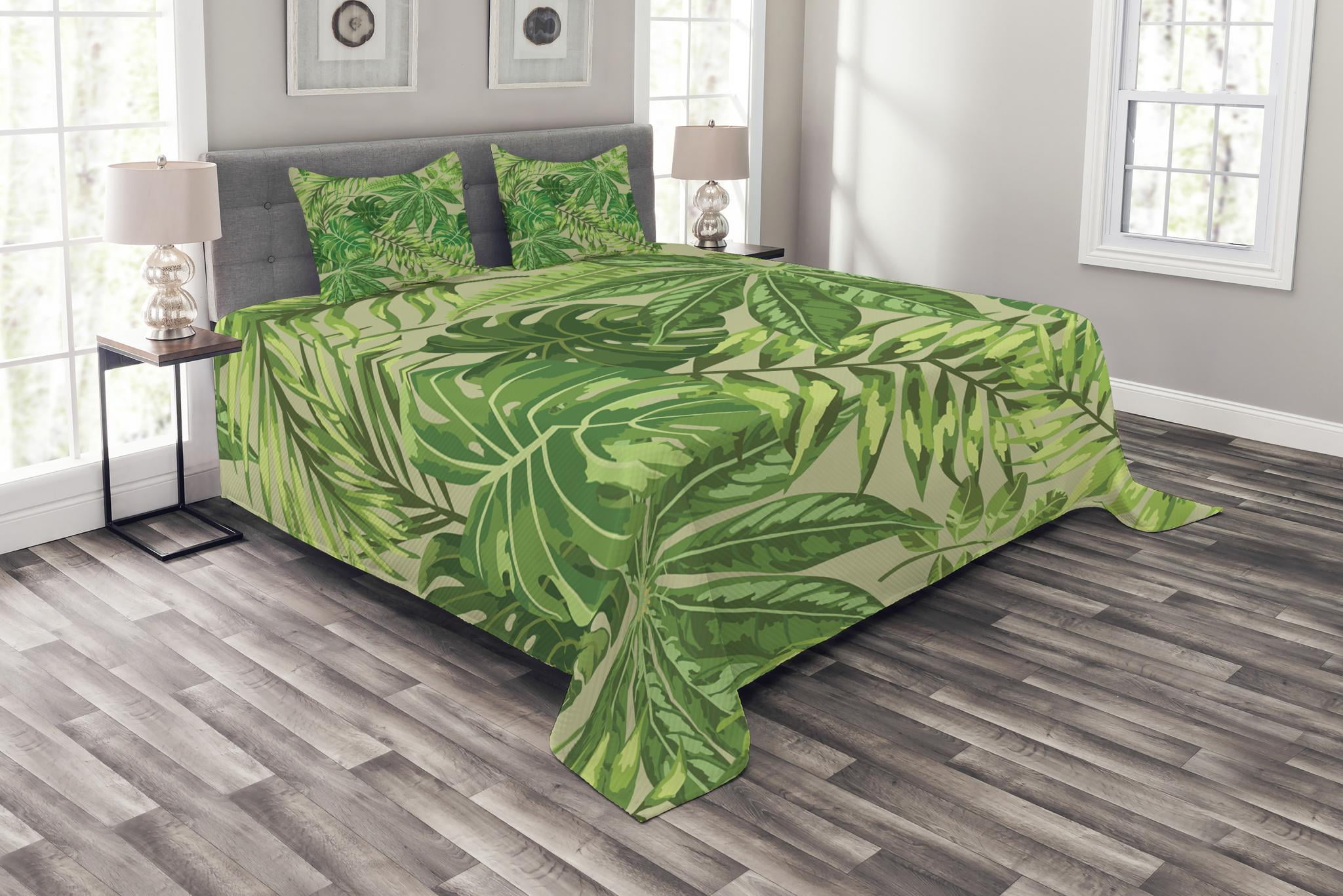 Green Leaf Bedspread Set, Exotic Pattern with Tropical Leaves Fresh