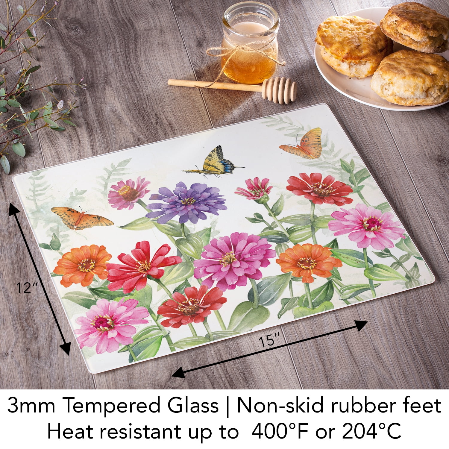 CounterArt Zinnias & Butterflies 3mm Tempered Glass Cutting Board 15" by 12"