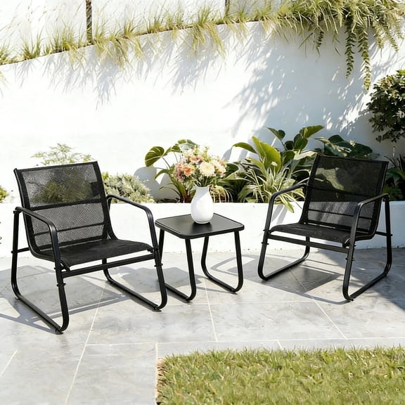 Sybels 3 Piece Compact Patio Bistro Set, Stationary Chairs with Airflow Textilene Fabric, Sturdy Glass Table, Anti-Rattle Seating for Pool, Lawn, Small Spaces, Black
