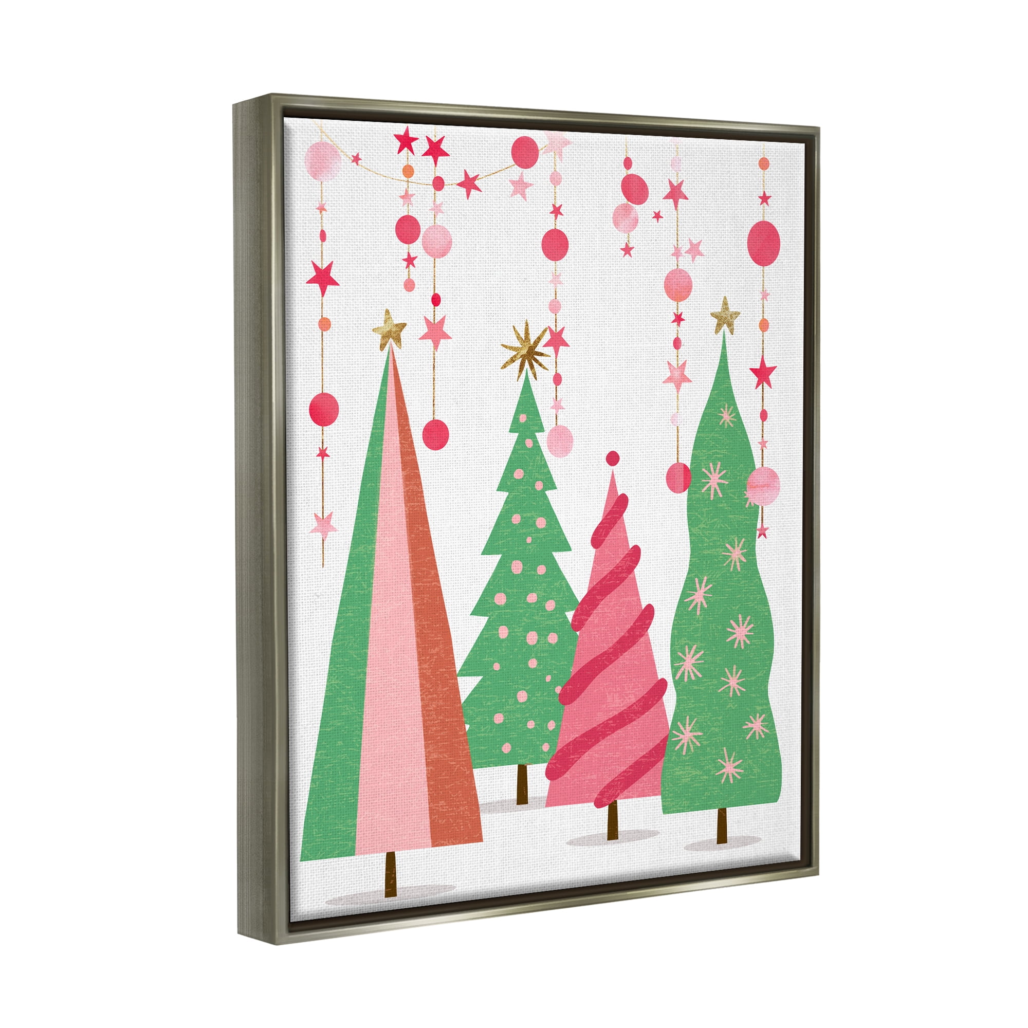 Stupell Industries Pink & Green Christmas Trees Holiday Painting Gray Floater Framed Art Print Wall Art