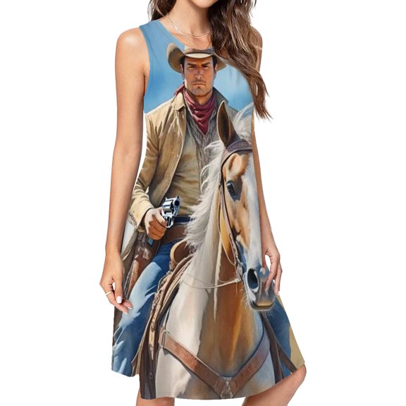 Western Cowboy Riding Spring Summer Dresses For Women Fashion Dress Casual Sleeveless Loose Sundress With Pockets