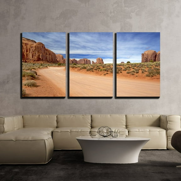 wall26 - 3 Piece Canvas Wall Art - Scenic and Empty Dirt Road in Monument Valley - Modern Home Art Stretched and Framed Ready to Hang - 24"x36"x3 Panels