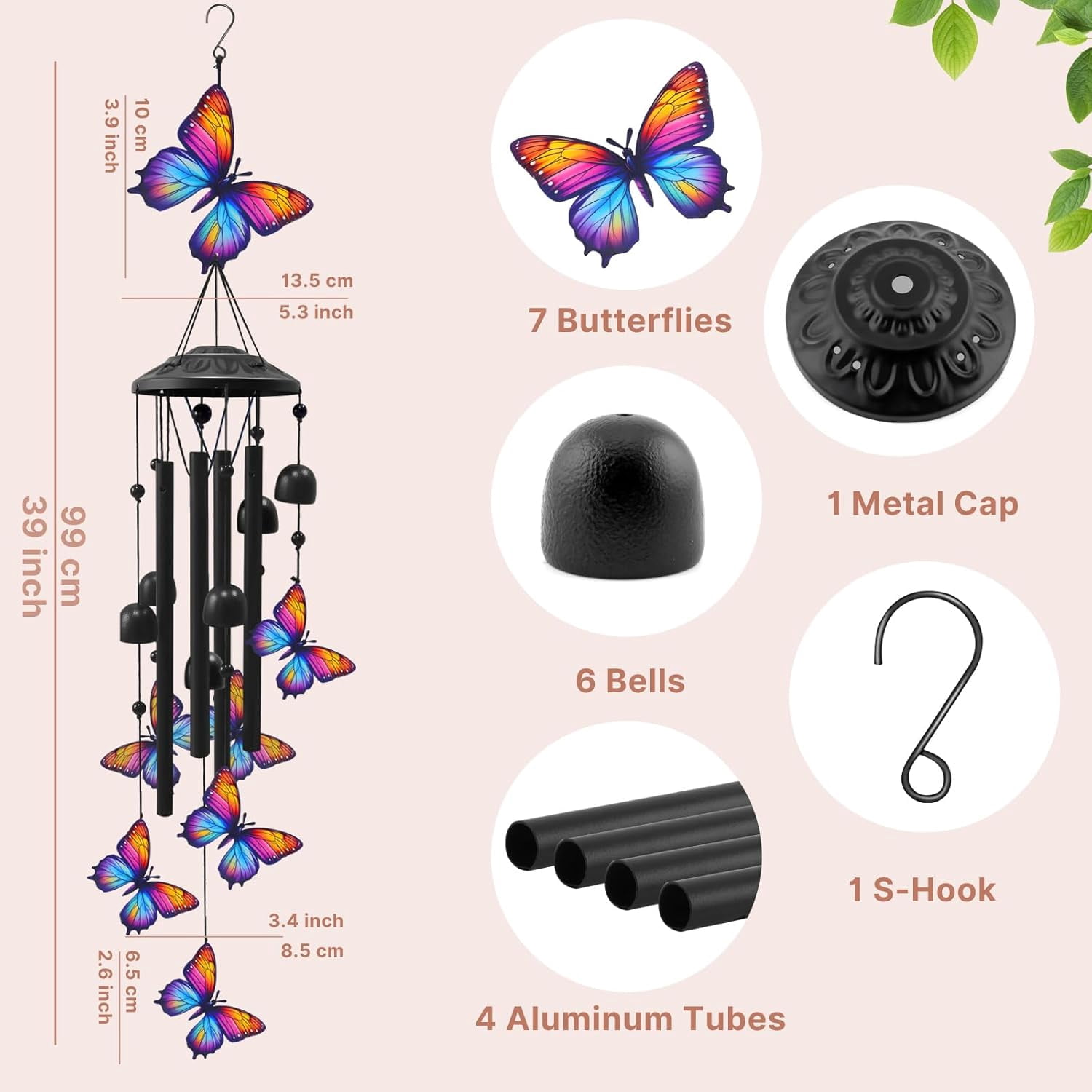 Butterfly Wind Chimes for Outside 39", Metal Outdoor Windchimes, Patio Decor Gifts for Women