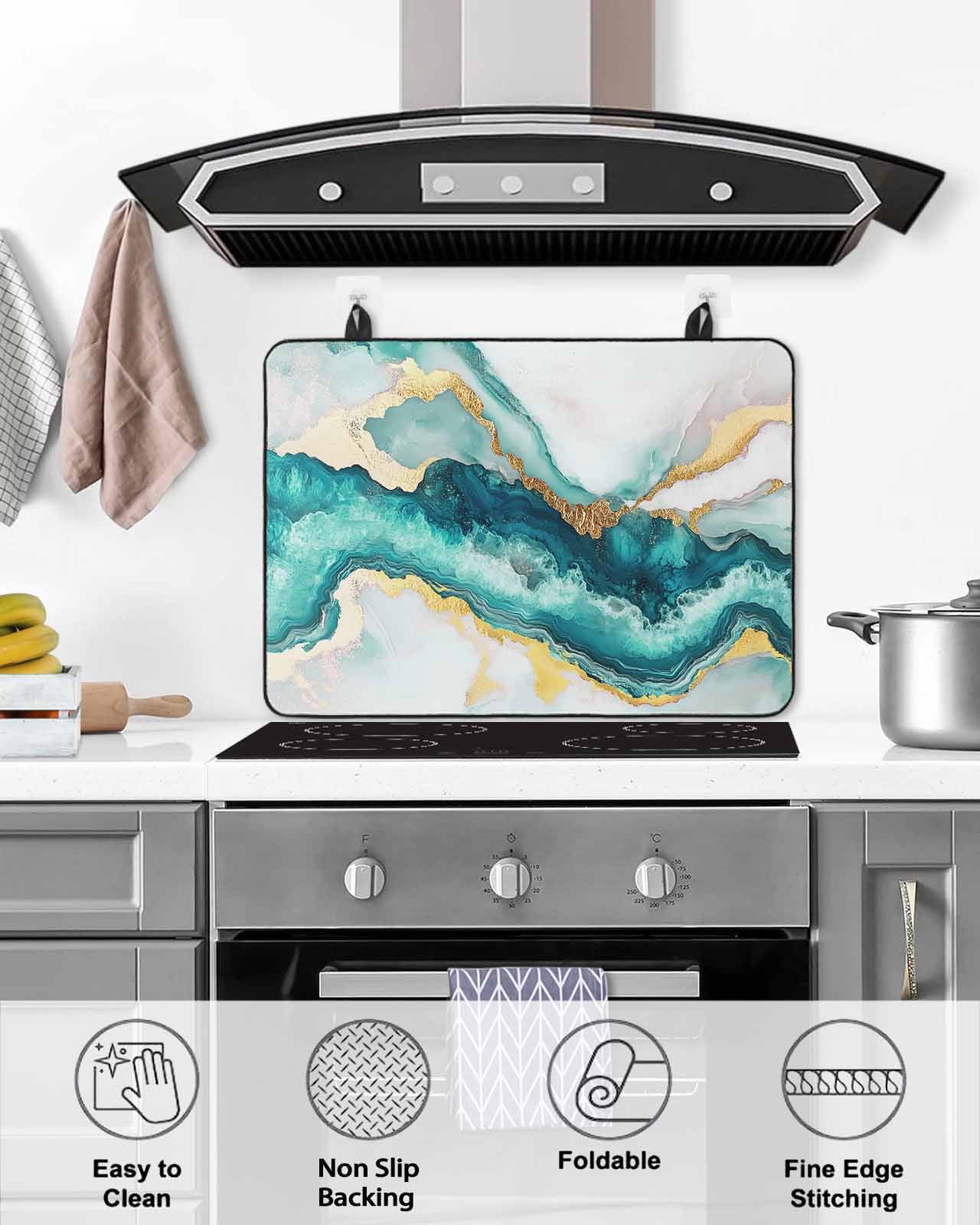 nqOlkjepod Large Induction Cooktop Protector Mat 36"x21", Abstract Marble Stove Top Covers for Electric Stove, Turquoise Abstract Golden Foil Texture Stove Burner Cover Mats, Glass Top Stove Cover