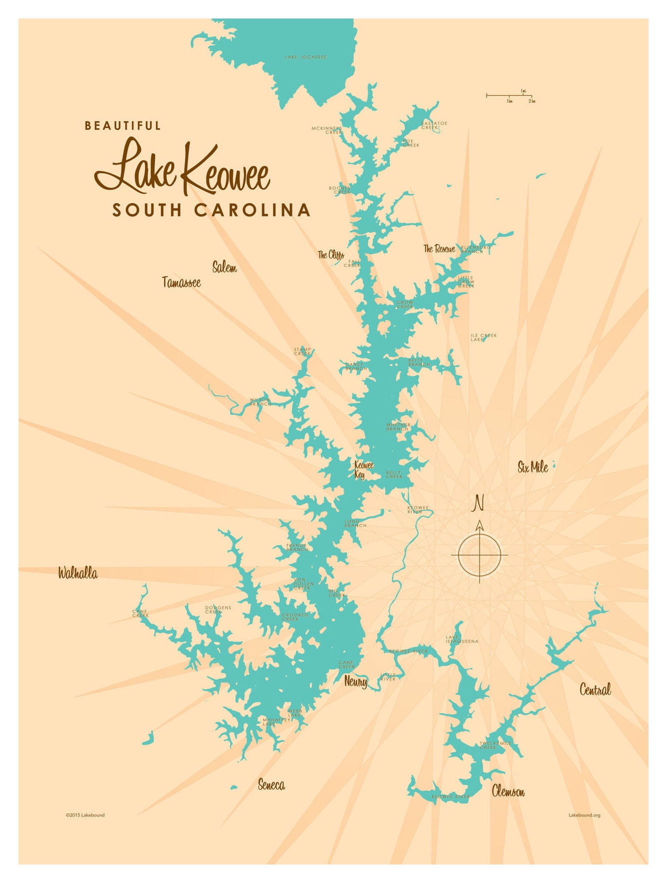 Lake Keowee South Carolina Map Vintage-Style Art Print by Lakebound (9 ...
