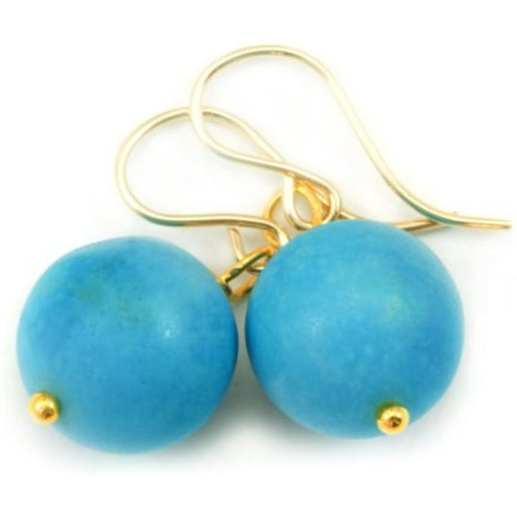 14k Gold Filled Blue Turquoise Earrings Round Matte Finish Rich Color Large Drops