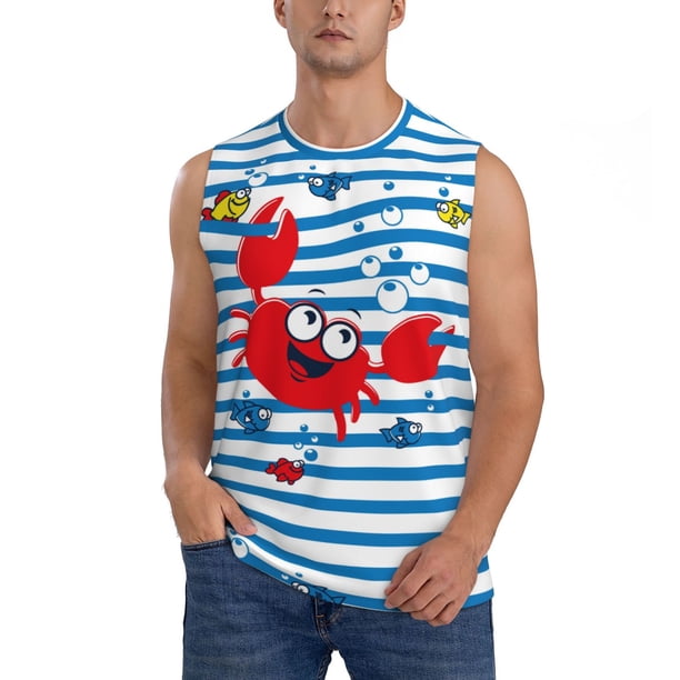 Fotbe Red Funny Crab on Blue Stripe Men's Camiseta sin Mangas Estampada para Hombres, Playera Casual para Gimnasio, Entrenamiento, Playa-3X-Large