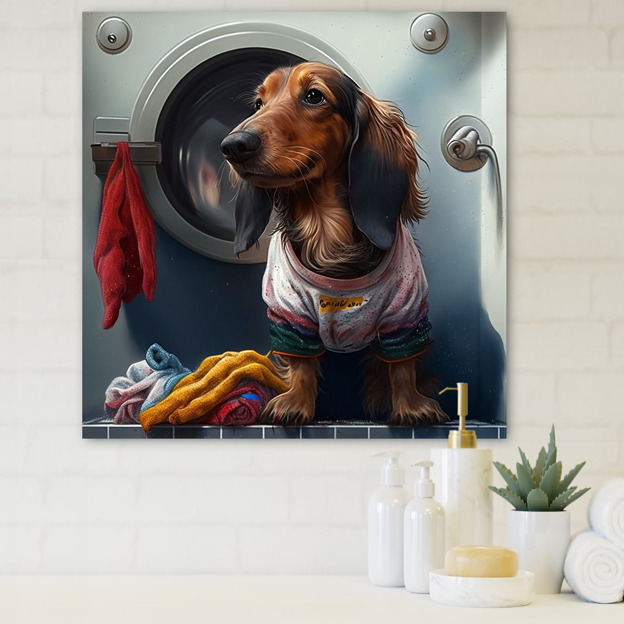 Designart Dachshund Doing The Laundry IV Canvas Wall Art