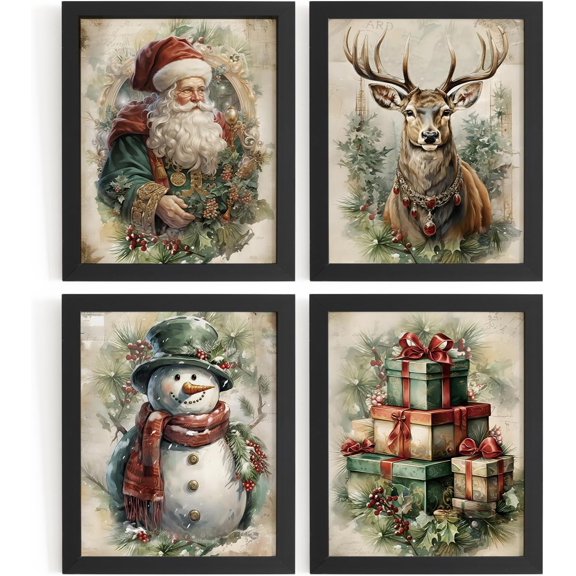Hieng Vintage Christmas Wall Decor,Trendy Christmas Retro Posters for Room, Santa Snowman Deer Nutcracker Xmas Wall Art Prints for Living Room Kitchen Bedroom Office Set of 4 Unframed
