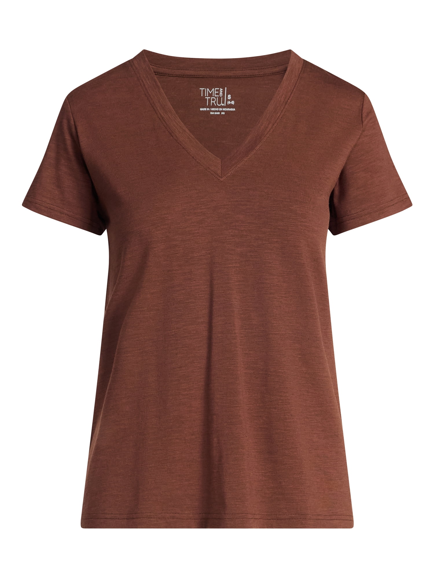 Time and Tru Women's Slub V Neck Tee with Short Sleeves, Sizes XS-XXXL