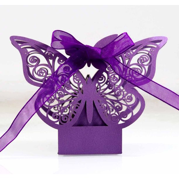 Cajas de papel con forma de mariposa recortadas con láser en color rosa para bombones y bodas, 50 unidades