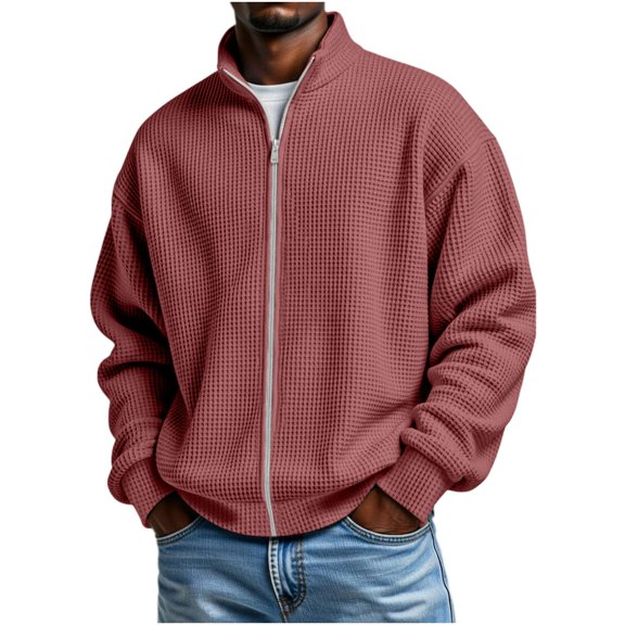 KyCheLot Mens Full Zip up Sweatshirt Long Sleeve Mock Neck Textured Pullover Loose Drop Shoulder Outwear