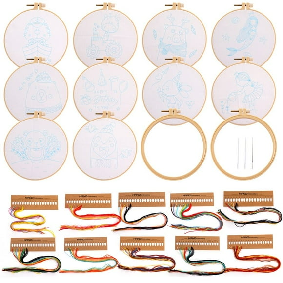10 Embroidery Kits for Beginners, Pre-stamped Embroidery Patterns with 2 Embroidery Hoops, Cross Stitch Craft Starter Kits, Needlepoint Sewing Kits Perfect for Kids Aged 7-13