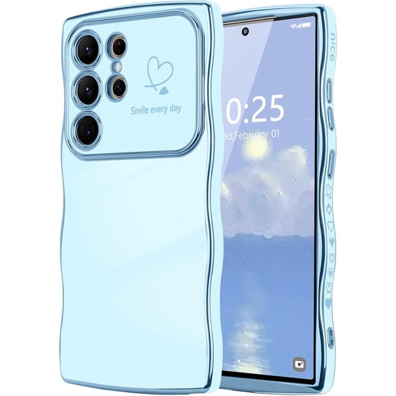 MYKOMI for Samsung Galaxy S22 Ultra Case for Women Girls, Cute Wave Frame Curly Shape with Love Heart Camera Protection Cover Luxury Plating Shockproof Phone Case for Galaxy S22 Ultra 5G