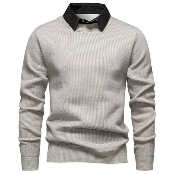 SERTG Men's Sweaters Men Solid Color Fashion Casual False Bilayer Flip Collar Adding Fleece Warm Sweater Base Shirt Long Sleeve Tops(Beige,3XL)