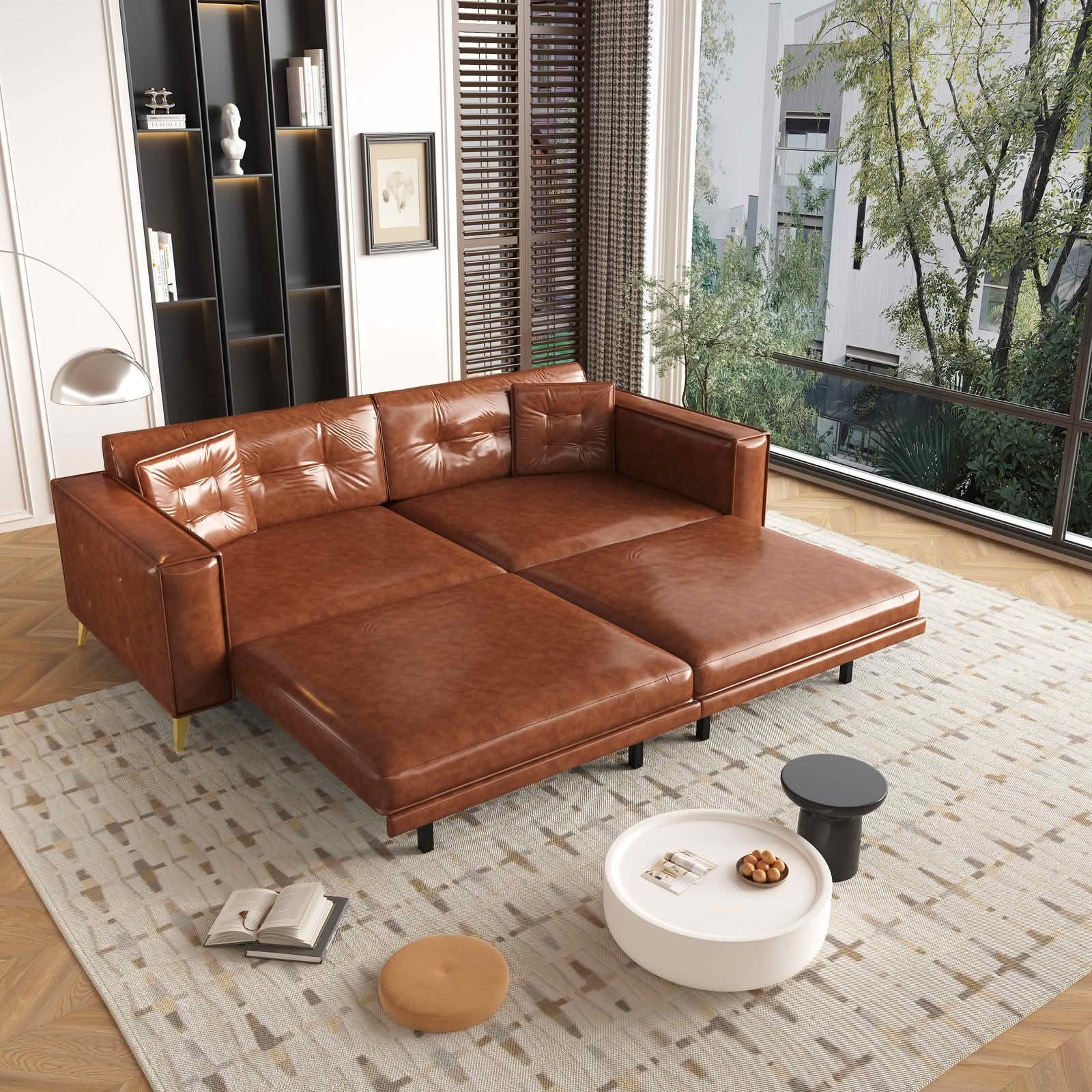 MAYEERTY 92.1" King Size Pull‑Out Sofa Bed, 3‑in‑1 Faux Leather Convertible Sleeper Sofa, Tufted 4‑Seater Couch with Wide Armrests, 2 Pillows Included