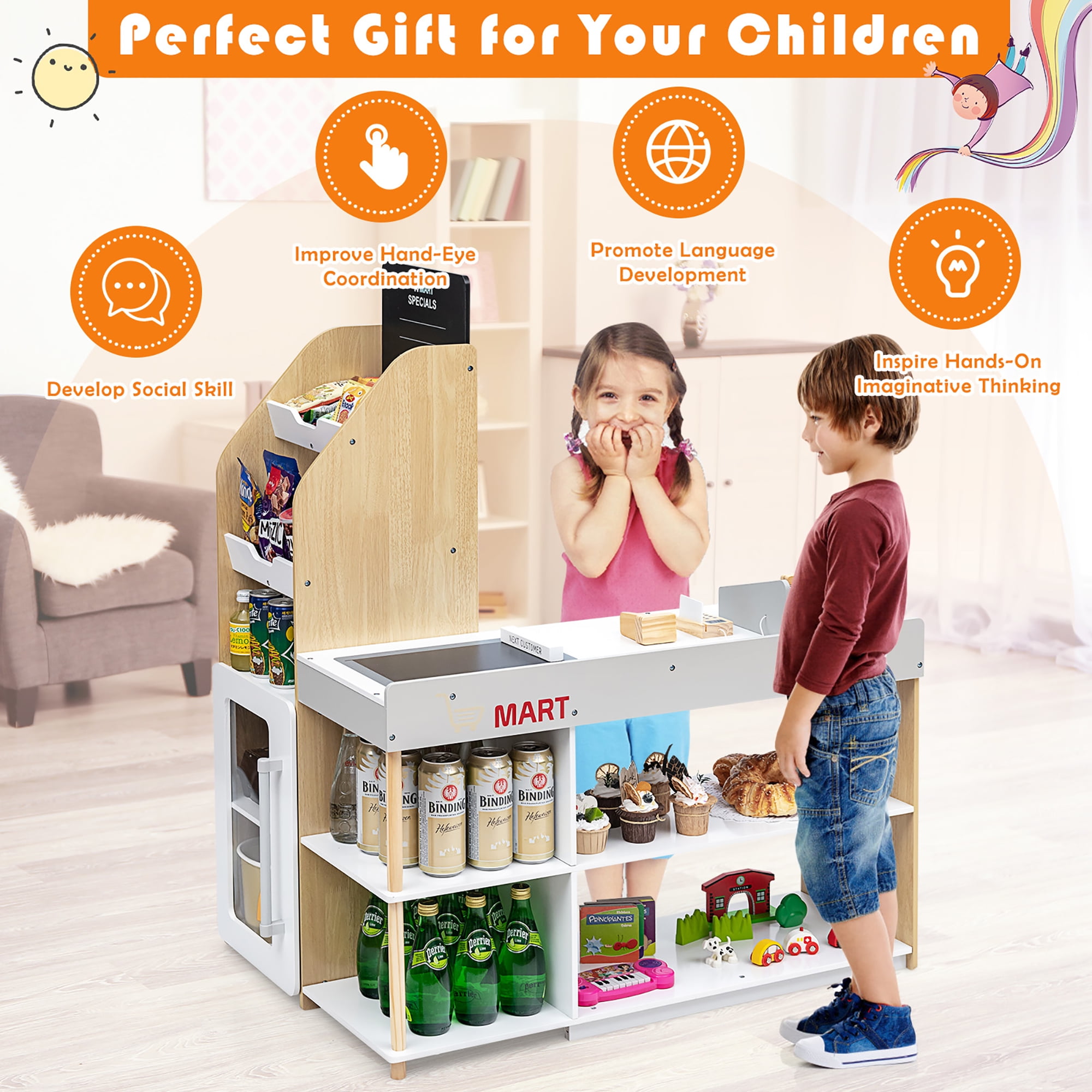 4 Tier Bookshelf Wooden Toy Shop Market Shopping Pretend Play Set Toddler Kids 