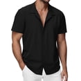 thumbnail image 3 of Men's Short Sleeve Shirt With Collar Casual Loose Fit Breathable Business Top 95% Cotton 5% Spandex Solid Color Daily Home | Zenithor,Black L, 3 of 9