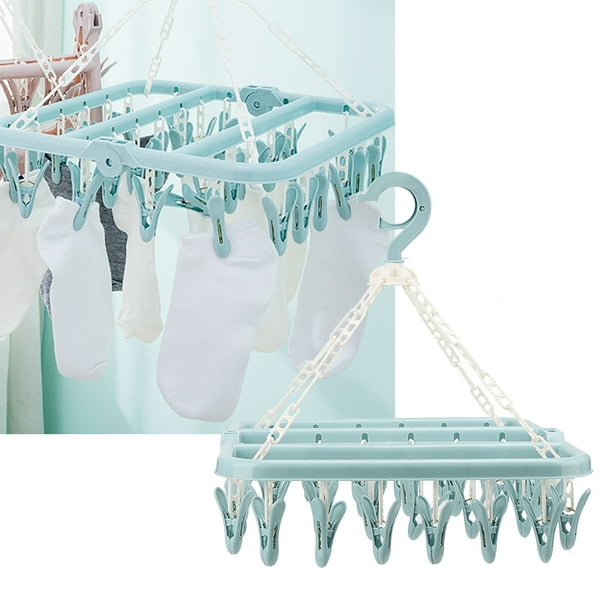 Octpeak Laundry Clip Laundry Hanger With 32 Clips Socks Hanger For Baby Clothes Socks Blue