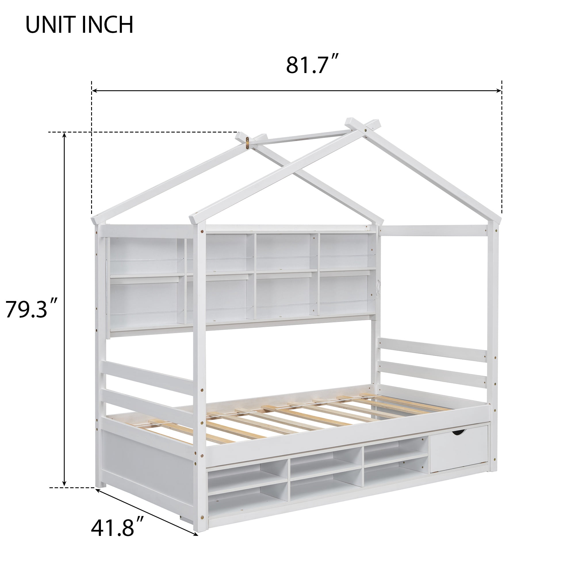 PORKISS Twin House Bed, Wood Platform Bed with Roof Frame and Beside-Shelves, Modern Montessori Toddler Bed with Under Bed Storage Unit for Kids, No Box Spring Needed, White