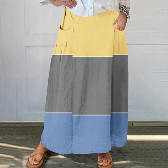 Maoxin Womens Skirts Women's Printed Elastic Waistband Pleated Pocket Skirt With Mid Calf Skirt ,Light Blue,M