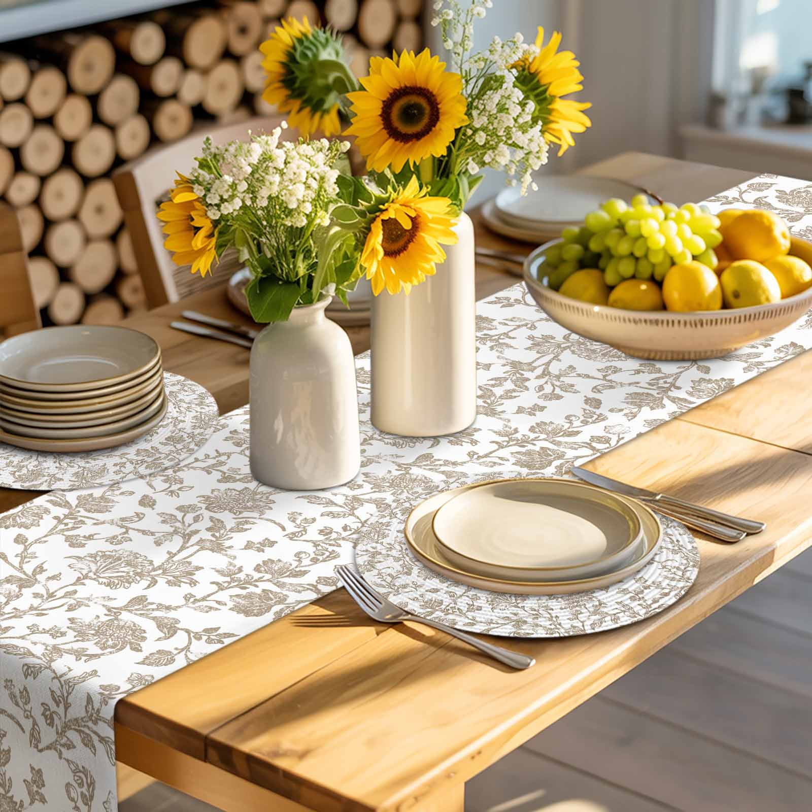 Khaki Flower Round 13 Inch Placemats Set of 4, Vintage Farmhouse Boho Leaf Spring Plant HeatResistant Non Slip Place Mats for Dining Table, Wipeable Braided Kitchen Table Mats for Housewarming