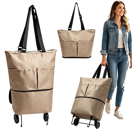 2-In-1 Foldable Rolling Cart for Grocery Shopping Khaki Portable Tote Trolley with Collapsible Frame Smooth Wheels Space-Saving Travel Cart for Market Large Size
