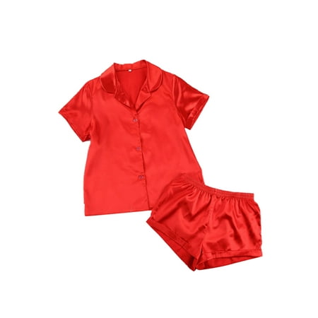 

Women Pajama Set Short Sleeve Button Closure Shirt with Shorts Solid Daily Sleepwear Loungewear